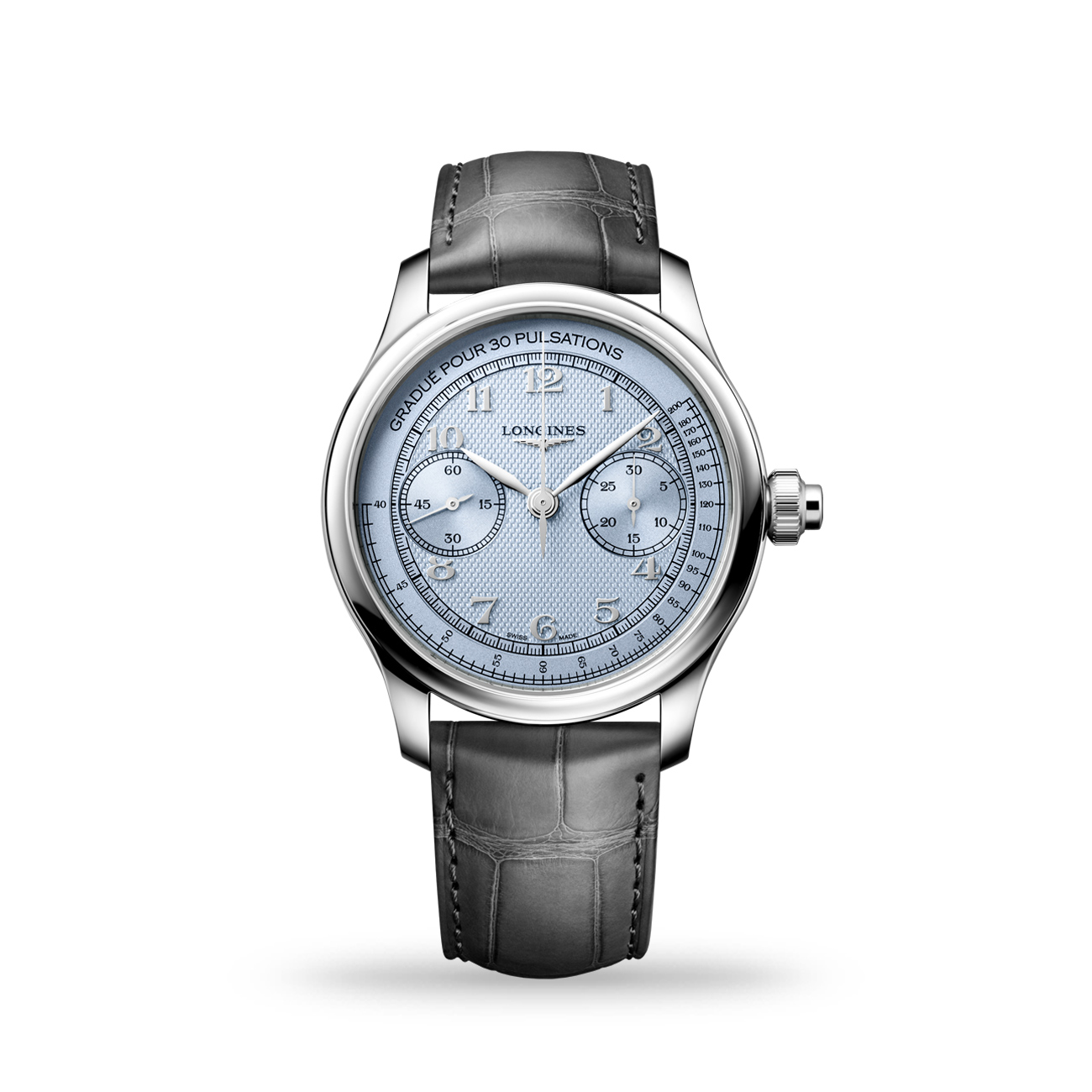 Longines Master Collection Chrono Monopusher L2.960.4.93.2 Longines Master Collection Chrono Monopusher L2.960.4.93.2 manual-winding chronograph with frosted blue barleycorn dial and anthracite alligator strap