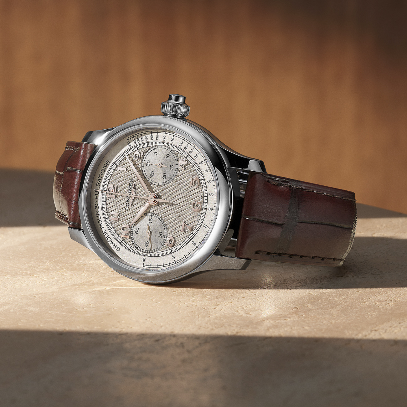 Longines Master Collection Chrono Monopusher L2.960.4.78.2 Longines Master Collection Chrono Monopusher L2.960.4.78.2 manual-winding chronograph with ivory barleycorn dial and brown alligator strap