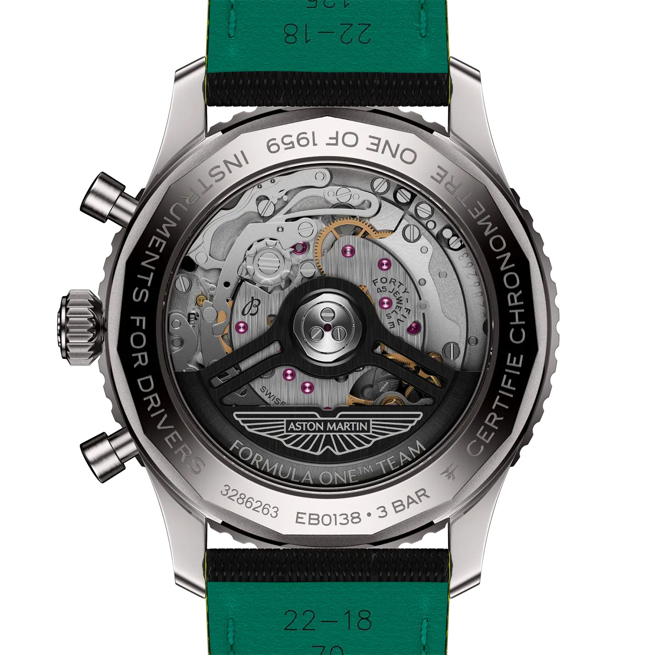 Breitling Navitimer B01 Chronograph 43 Aston Martin Aramco Formula One Team EB01381A1B1X1 Breitling Navitimer B01 Chronograph 43 Aston Martin Aramco Formula One Team titanium watch with carbon fibre dial and anthracite leather strap.