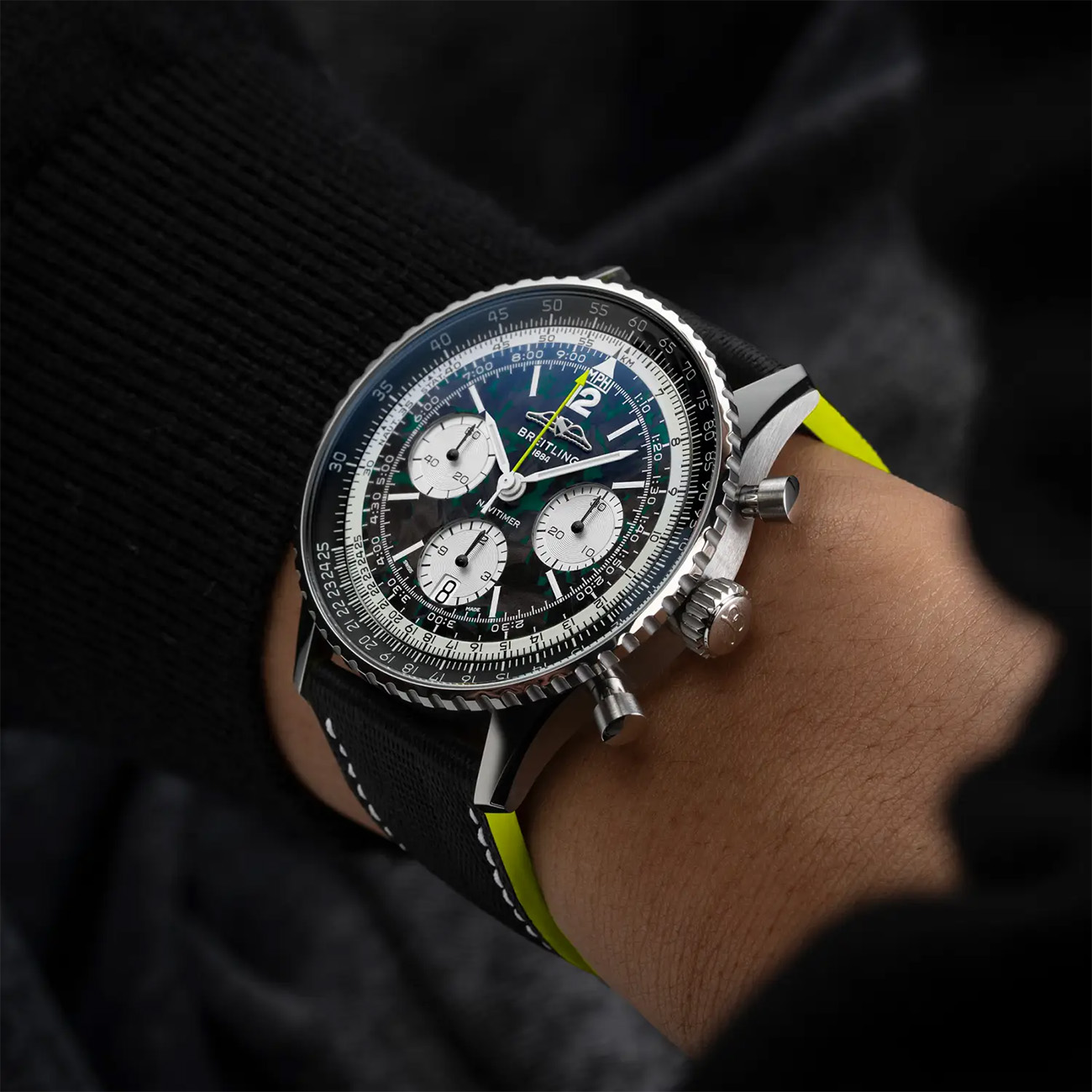Breitling Navitimer B01 Chronograph 43 Aston Martin Aramco Formula One Team EB01381A1B1X1 Breitling Navitimer B01 Chronograph 43 Aston Martin Aramco Formula One Team titanium watch with carbon fibre dial and anthracite leather strap.