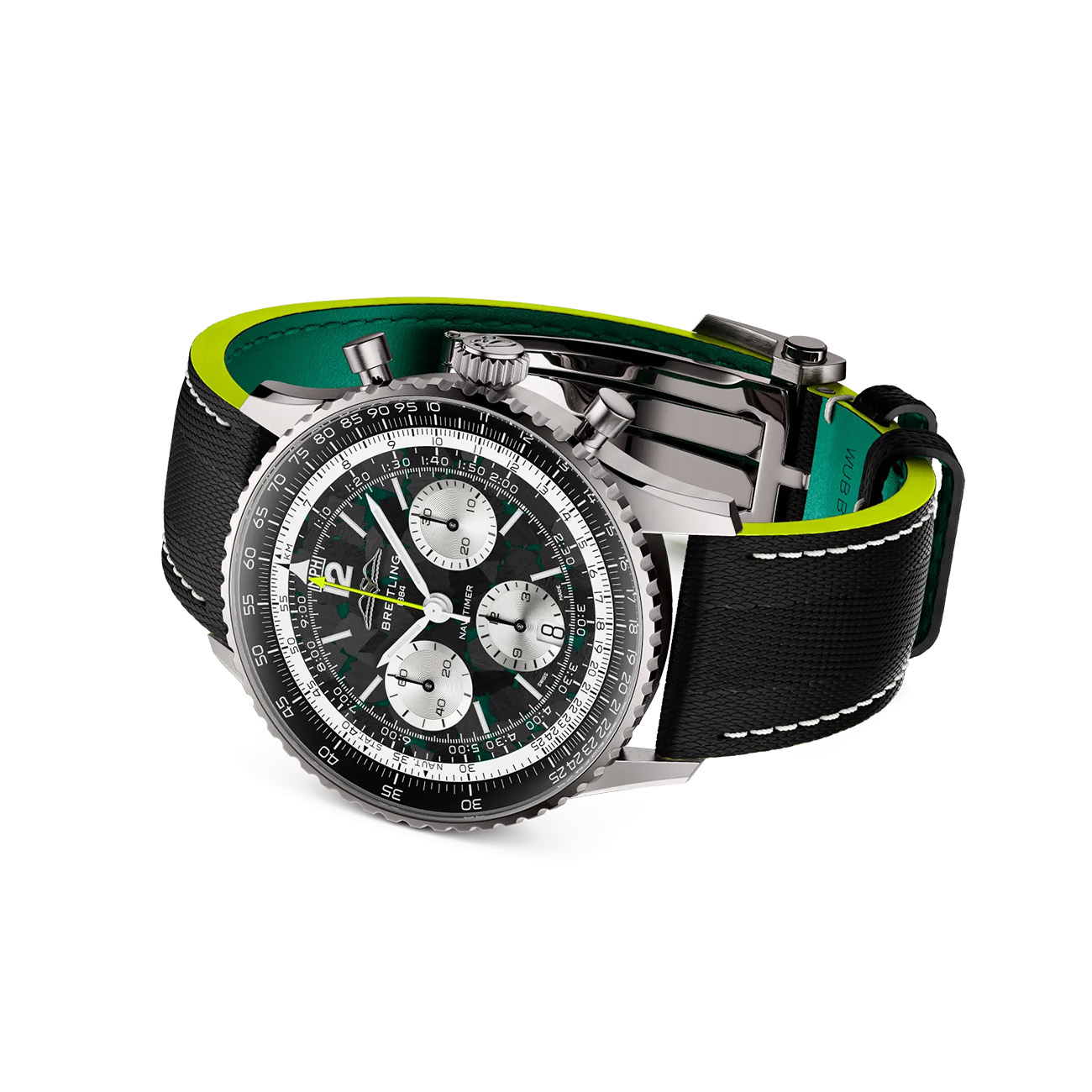 Breitling Navitimer B01 Chronograph 43 Aston Martin Aramco Formula One Team EB01381A1B1X1 Breitling Navitimer B01 Chronograph 43 Aston Martin Aramco Formula One Team titanium watch with carbon fibre dial and anthracite leather strap.