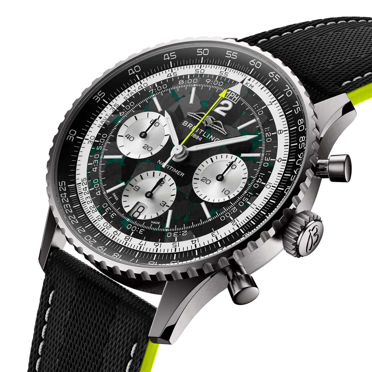 Breitling Navitimer B01 Chronograph 43 Aston Martin Aramco Formula One Team EB01381A1B1X1 Breitling Navitimer B01 Chronograph 43 Aston Martin Aramco Formula One Team titanium watch with carbon fibre dial and anthracite leather strap.
