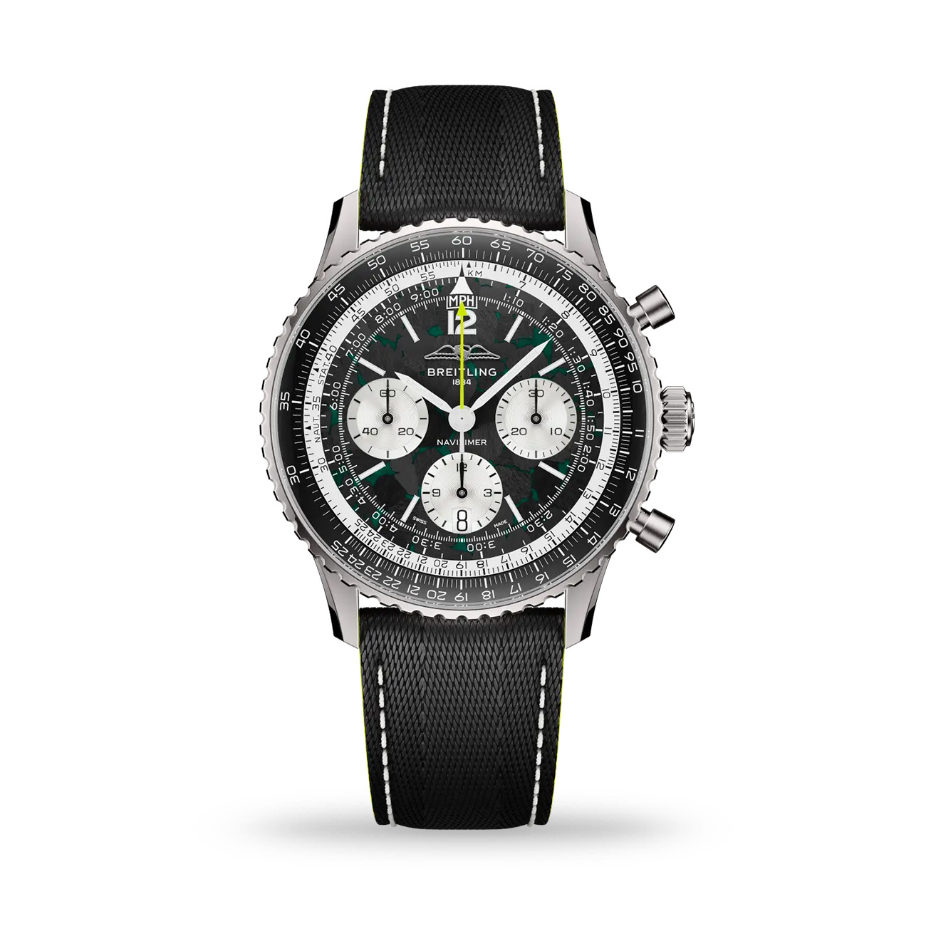 Breitling Navitimer B01 Chronograph 43 Aston Martin Aramco Formula One Team EB01381A1B1X1 Breitling Navitimer B01 Chronograph 43 Aston Martin Aramco Formula One Team titanium watch with carbon fibre dial and anthracite leather strap.