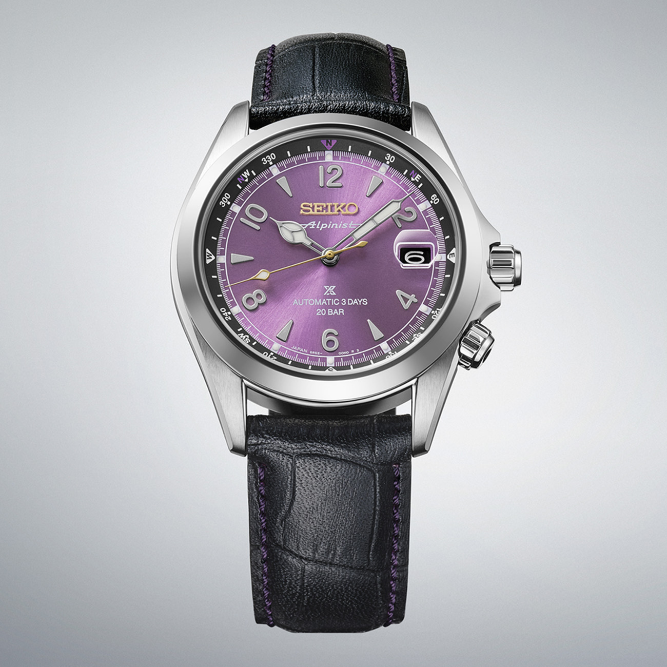 Seiko Prospex Alpinist HBC006J Purple Dial Watch Seiko Prospex Alpinist HBC006J limited edition automatic watch with Edo purple dial, stainless steel case and black leather strap.