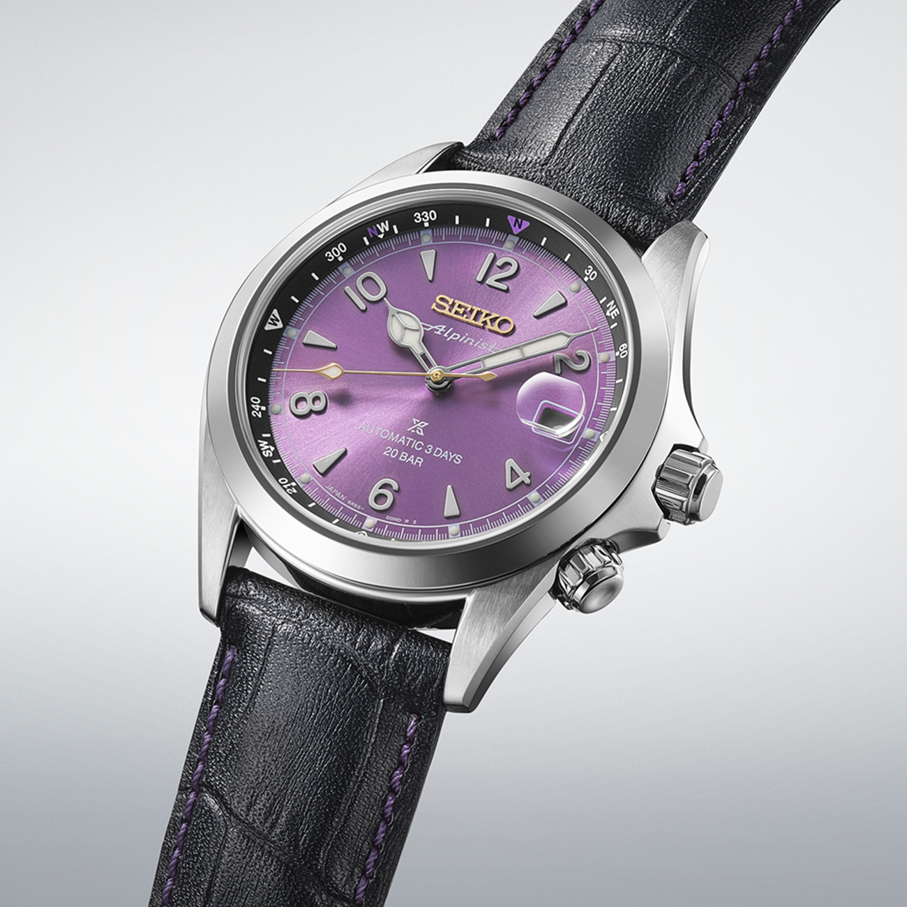 Seiko Prospex Alpinist HBC006J Purple Dial Watch Seiko Prospex Alpinist HBC006J limited edition automatic watch with Edo purple dial, stainless steel case and black leather strap.