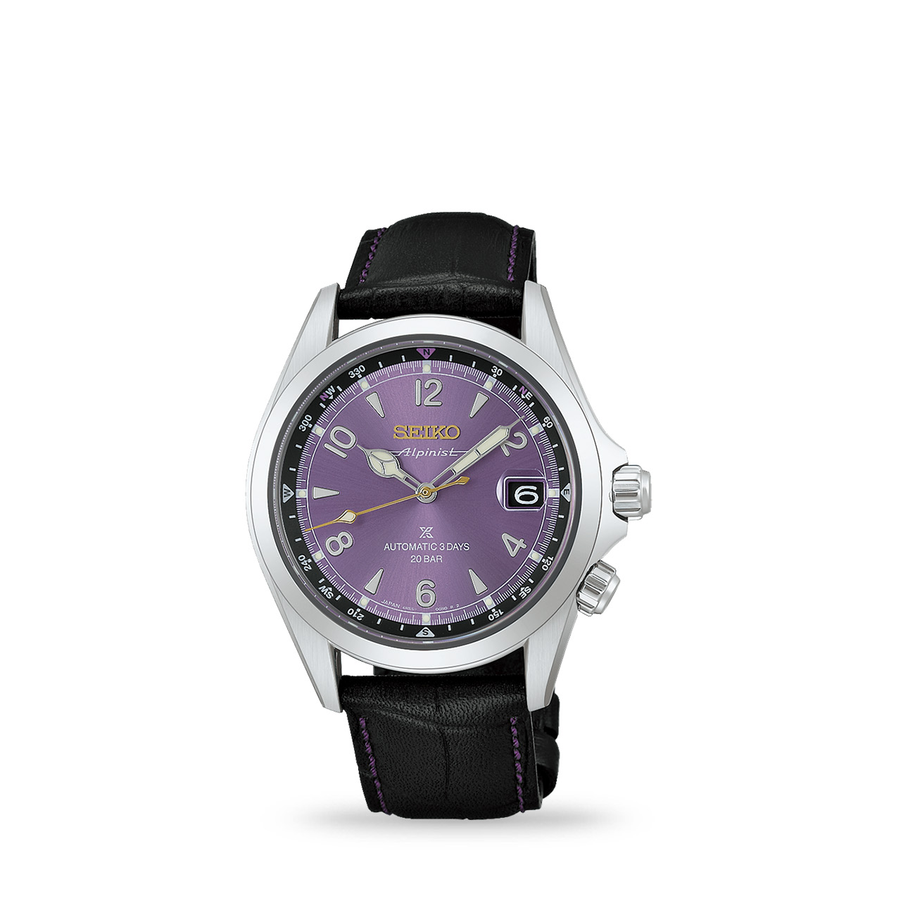 Seiko Prospex Alpinist HBC006J Purple Dial Watch Seiko Prospex Alpinist HBC006J limited edition automatic watch with Edo purple dial, stainless steel case and black leather strap.