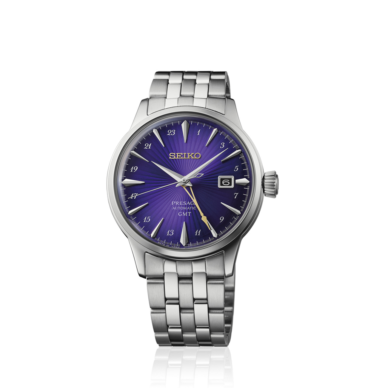 Seiko Presage HCB006J1 Edo Murasaki Purple GMT Limited Edition Seiko Presage HCB006J1 Cocktail Time limited edition watch with purple Edo Murasaki dial and gold-tone GMT hand