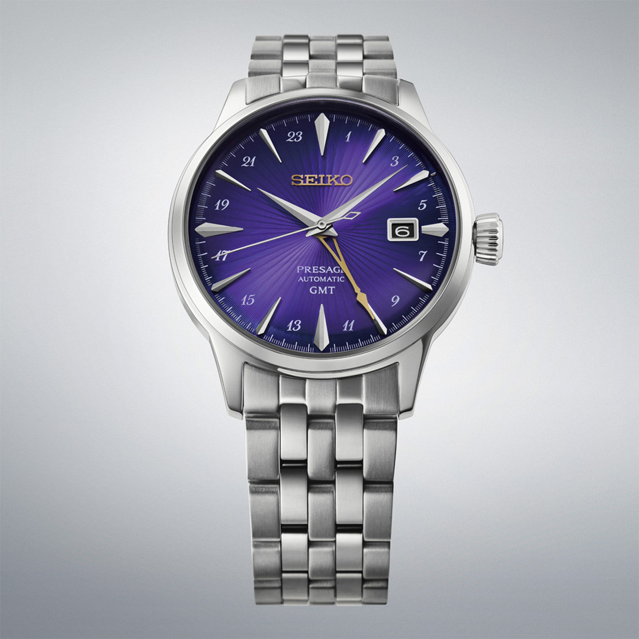 Seiko Presage HCB006J1 Edo Murasaki Purple GMT Limited Edition Seiko Presage HCB006J1 Cocktail Time limited edition watch with purple Edo Murasaki dial and gold-tone GMT hand