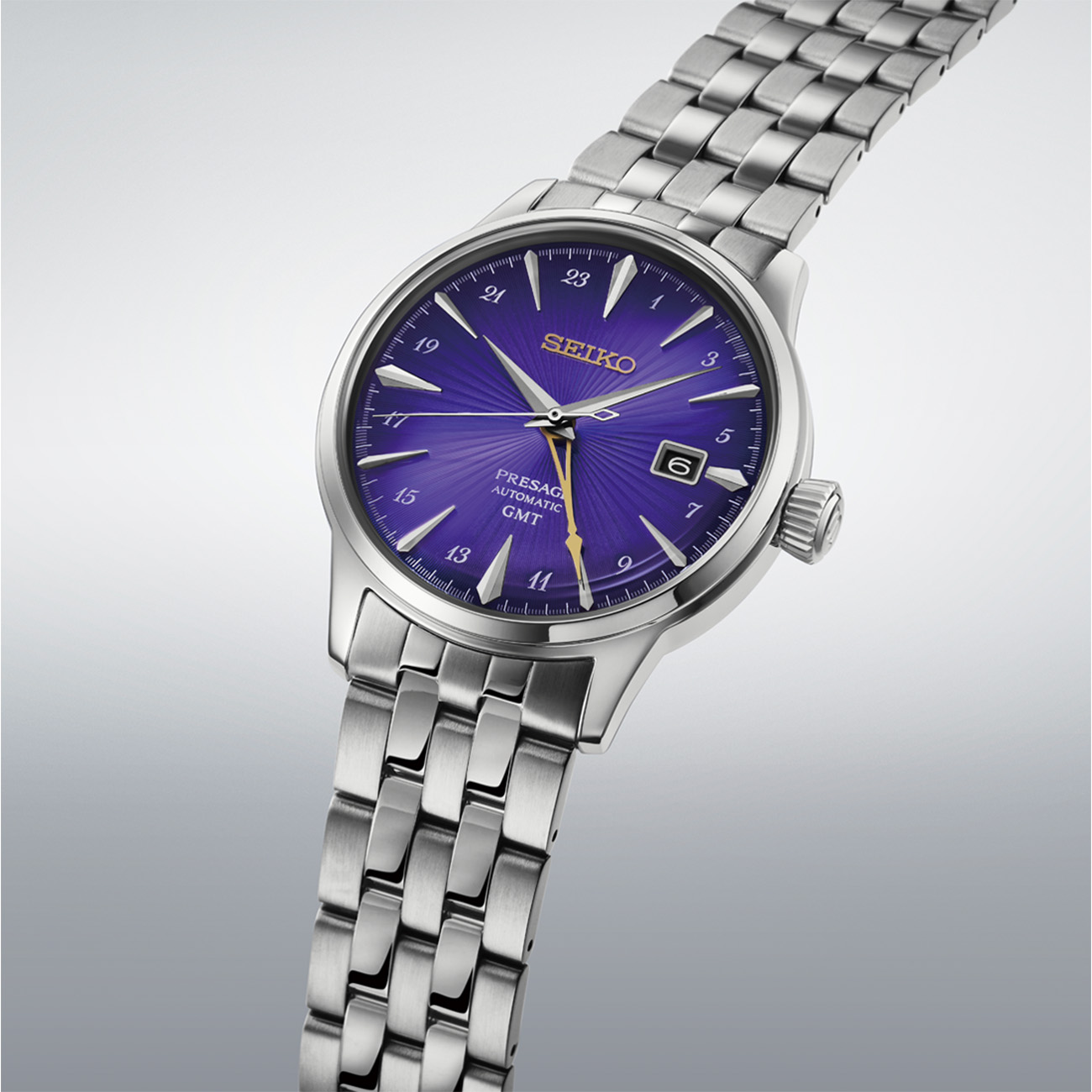Seiko Presage HCB006J1 Edo Murasaki Purple GMT Limited Edition vSeiko Presage HCB006J1 Cocktail Time limited edition watch with purple Edo Murasaki dial and gold-tone GMT hand