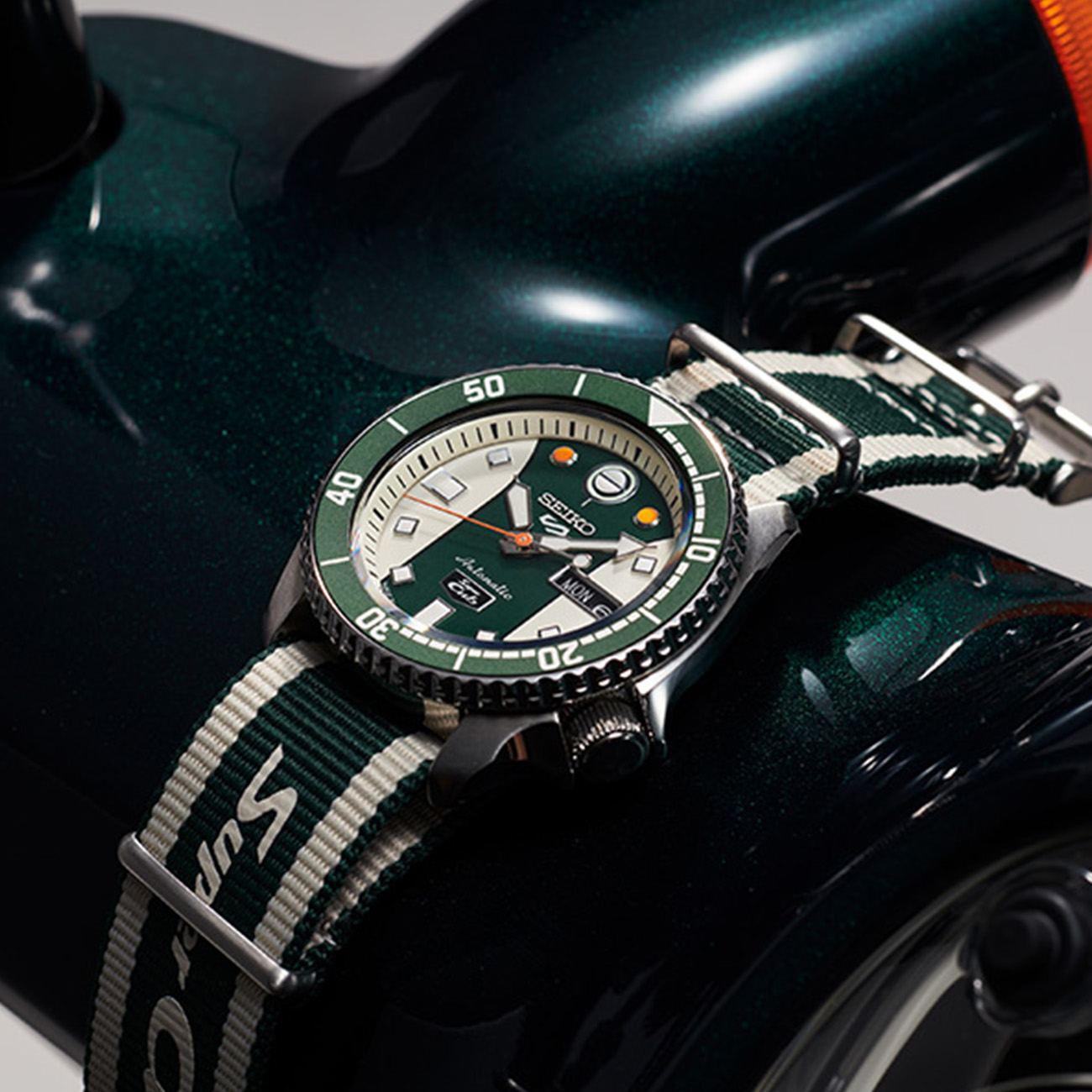 Seiko 5 Sports SRPJ49 Super Cub Limited Edition Watch Seiko 5 Sports SRPJ49 Super Cub Limited Edition automatic watch with green and cream dial and nylon strap
