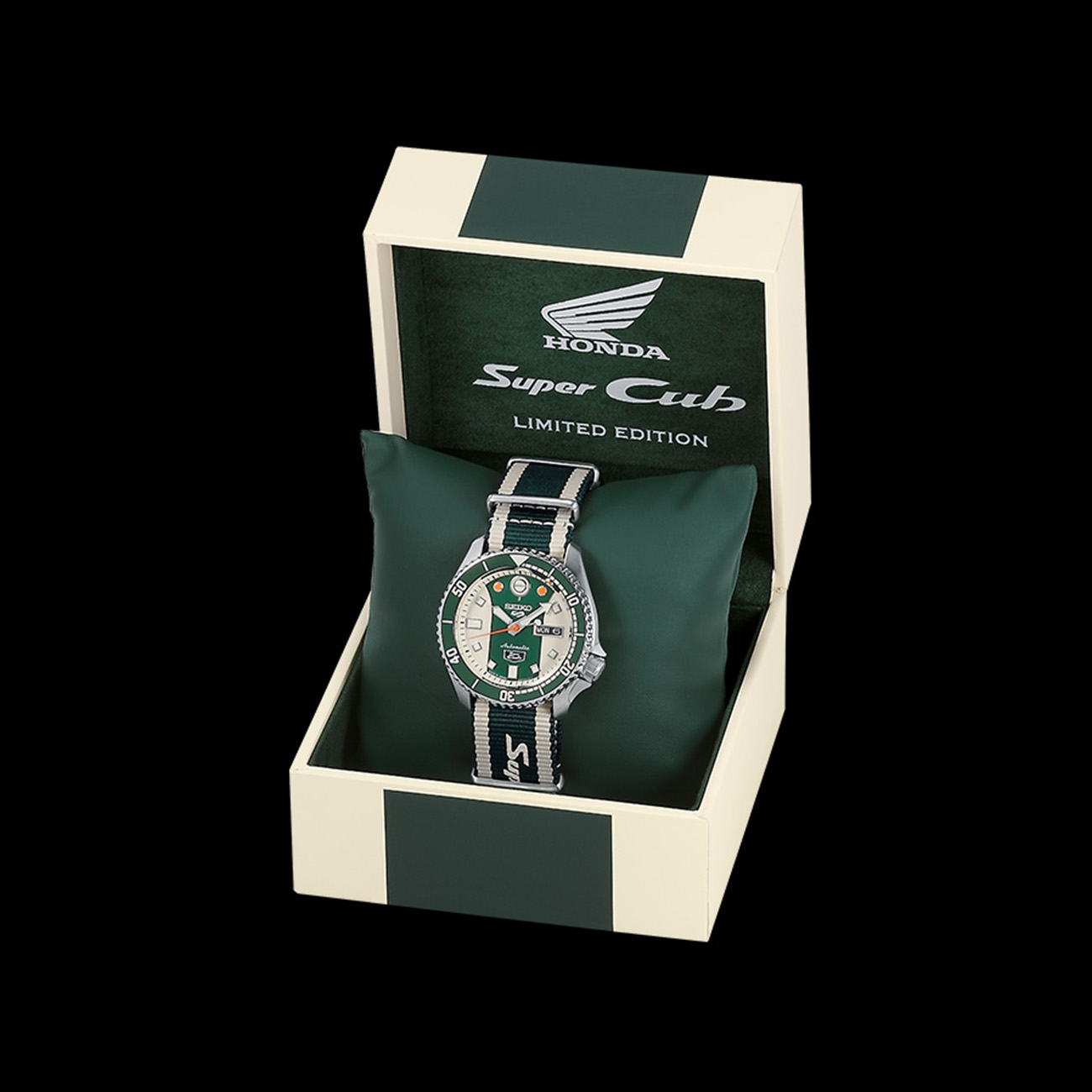 Seiko 5 Sports SRPJ49 Super Cub Limited Edition Watch Seiko 5 Sports SRPJ49 Super Cub Limited Edition automatic watch with green and cream dial and nylon strap