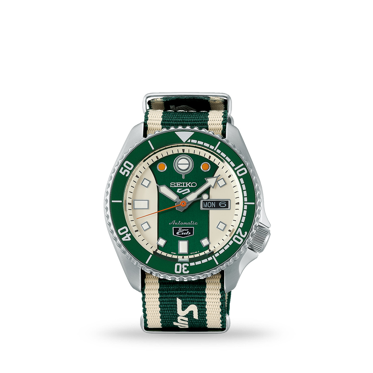 Seiko 5 Sports SRPJ49 Super Cub Limited Edition Watch Seiko 5 Sports SRPJ49 Super Cub Limited Edition automatic watch with green and cream dial and nylon strap