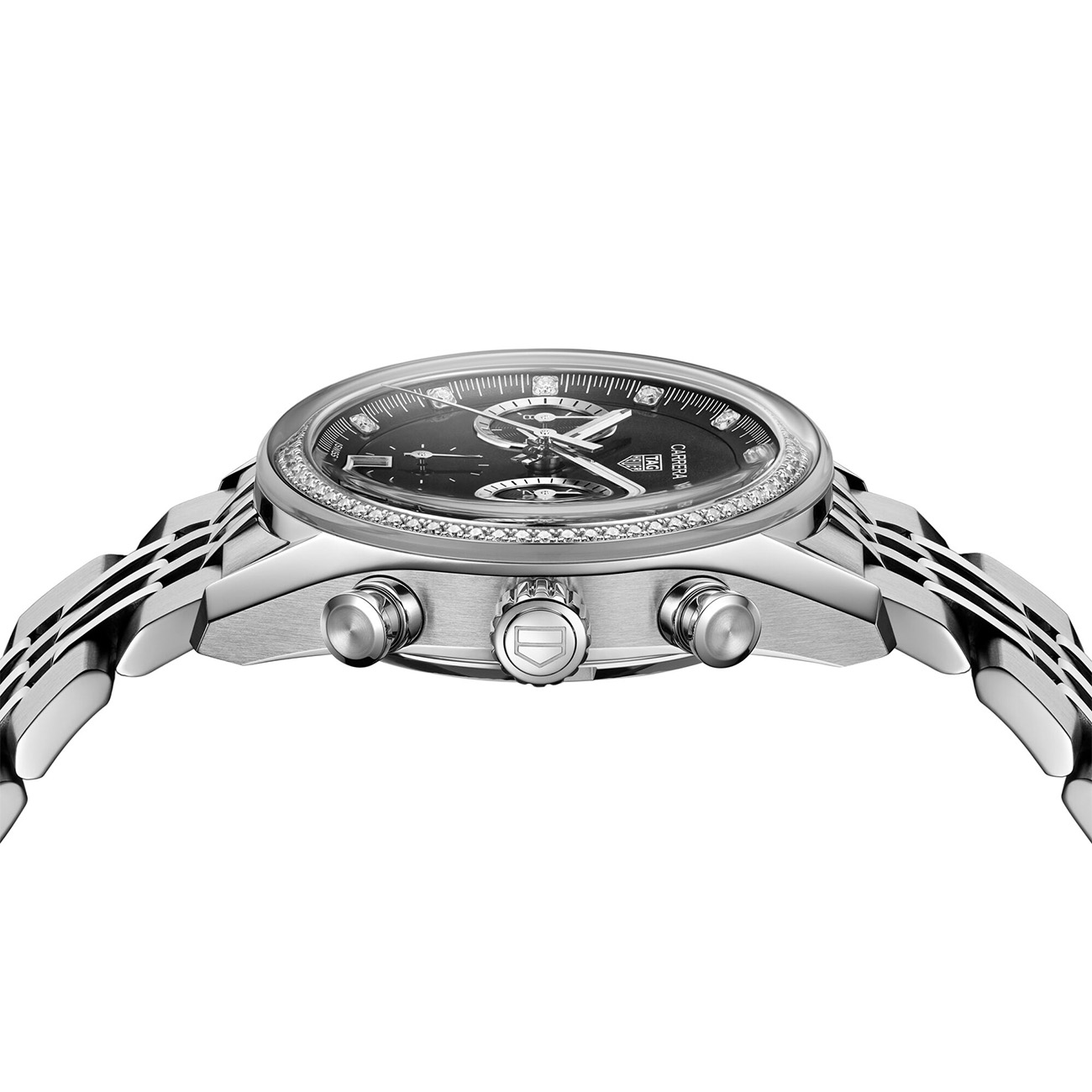 TAG Heuer Carrera Chronograph 39mm CBS221L.BA0048 black diamond-set dial steel bracelet - side view
